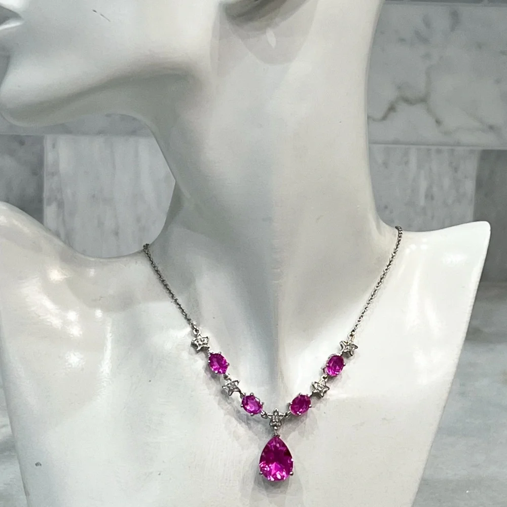 Radiant Orchid Quartz White Zircon Silver V Drop Necklace w/ Extender - Picture 2 of 15